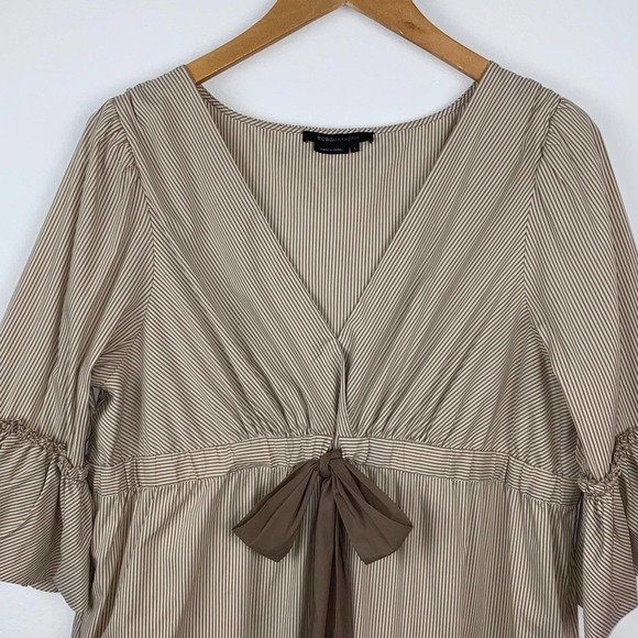 L BCBGMAXAZRIA Flounce Bell Sleeve Elastic Waist Pinstripe Boho V Neck Bow Dress - Picture 3 of 8